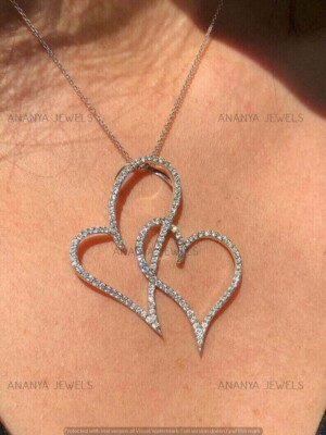 Moissanite 1.10Ct Round Double Open Heart Charm Pendant Real 925 Sterling Silver