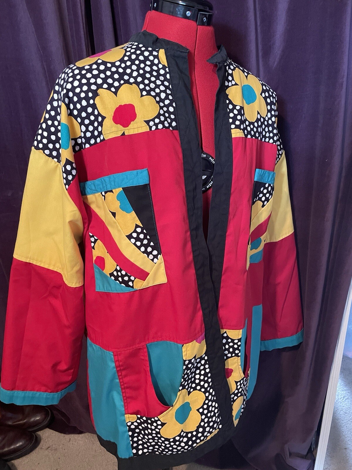 Handsewn Patchwork Reversible Coat With Belt, Poc… - image 3