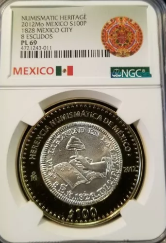 2012 MEXICO SILVER 100 PESOS 1828 MEXICO CITY 8 ESCUDOS NGC PL 69 SCARCE BEAUTY