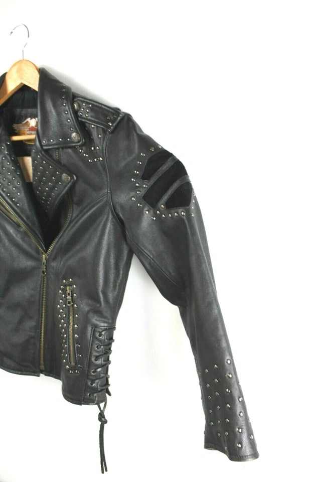 Chaqueta de moto Harley Davidson para mujer talla XS de cuero negra tachuelas flecos cremallera Foto 3 de 4