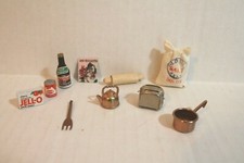 LOT of 10 Dollhouse Miniatures Kitchen Items Salt Sack Kettle Food Toaster Pan