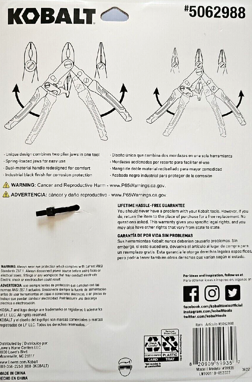 Kobalt Flip Pliers 2 Piece Set 6" Linesman & 8" Long Nose both w