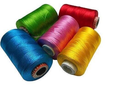 Silk Thread Sewing Spools Shiny Bright Yellow Green Red Blue Pink Set of 5