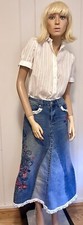 Vintage Up cycled Decorated with Lace and Embroidery Midi Denim Skirt
