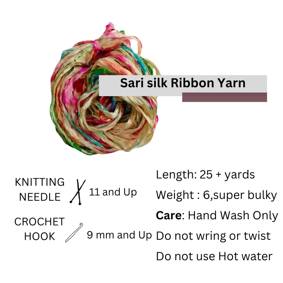 Recycled Sari Silk Ribbon Yarn -Green, Red Shaded -50 GMS - Boho Ribbon - Silk - Image 4 of 4