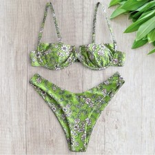 ZAFUL 2pc Green Swimsuit Tiny White Floral V-Wired High Leg Bikini Swimwear Sz S
