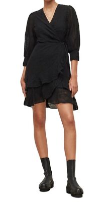 AllSaints Black Viscose Wrap Dress With Puff Sleeves Sz 4 Goth Party Witch