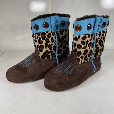 Blazin  Roxx Slippers Cowboy Boot Cheetah Print Youth Size L 3 Or 4 Fleece Lined