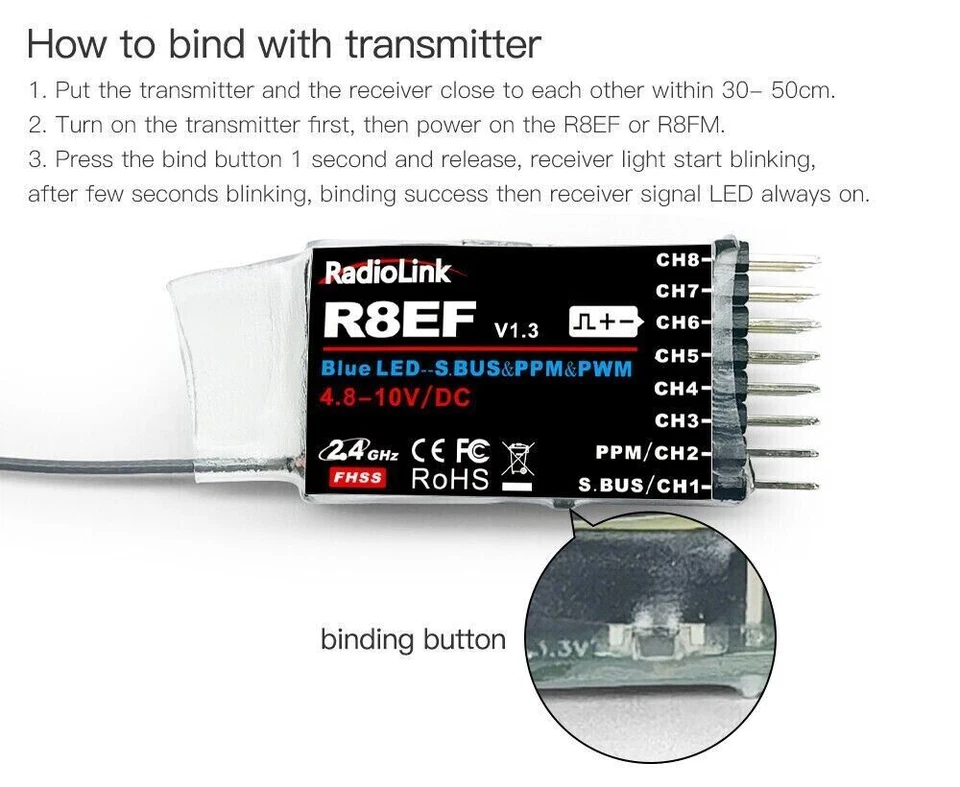 Radiolink R8EF 2.4Ghz 8CH Receiver S-Bus/PPM/PWM Signal for T8FB T8S Transmitter - Image 3 of 4