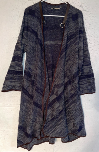 Soft Surroundings Cardigan Sweater Womens L Blue Maxi Cotton Wool Open Knit Boho