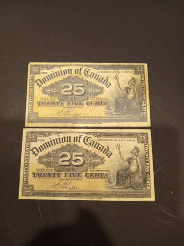 (2)1900 DOMINION OF CANADA 25 CENTS BANKNOTES, SHINPLASTER -COURTNEY+BOVILLE VG