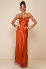 Lulus Memorable Entrance Rust Orange Strapless Satin Maxi Dress Size XL