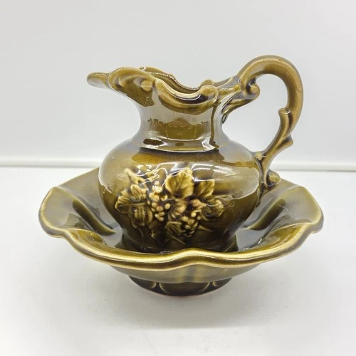 Vintage McCoy Pottery Brown Drip Pitcher & Bowl Set Rare Mid Century - USA