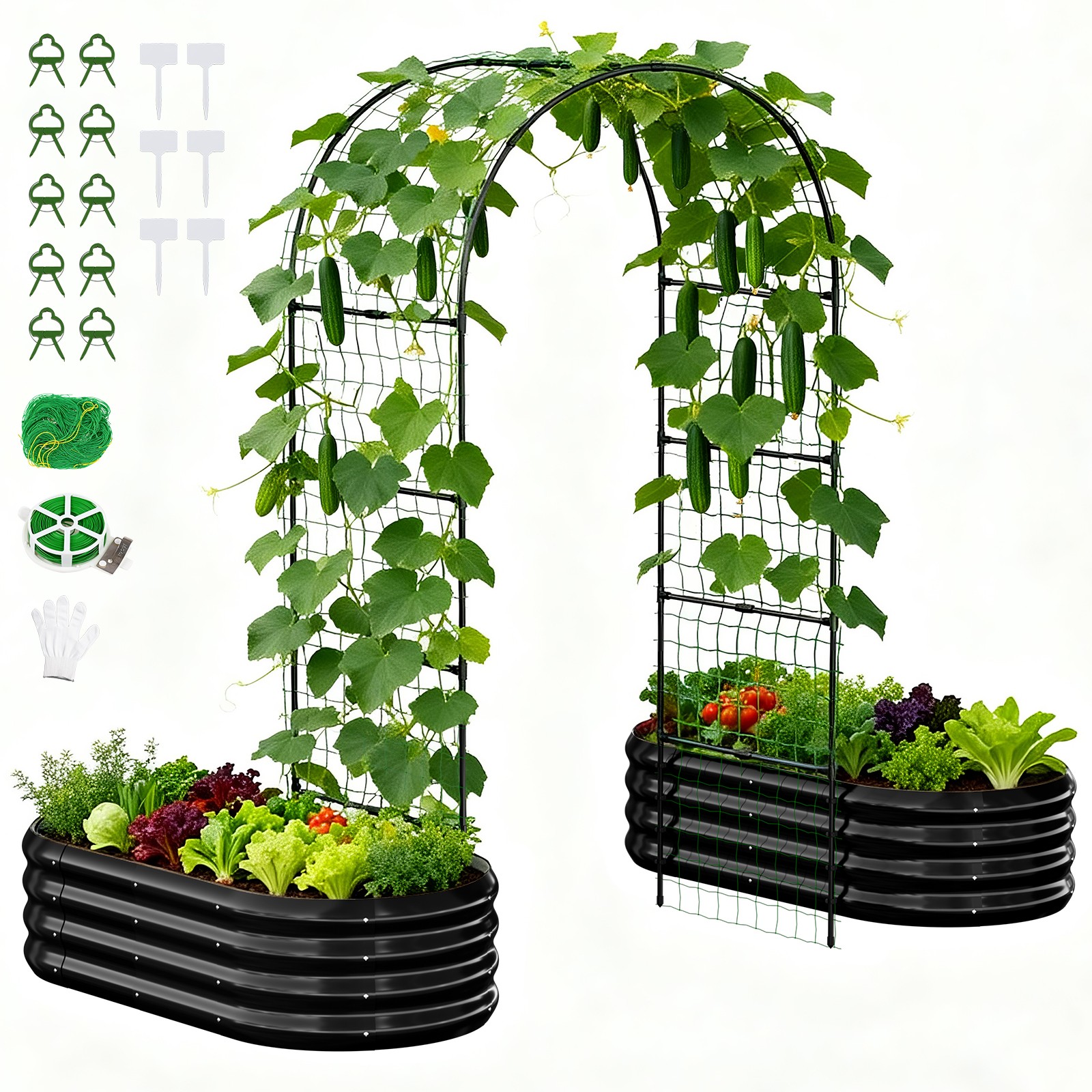 3 in 1 Galvanized Raised Garden Bed, 2Pcs Garden Planter Box with 87" H Trellis