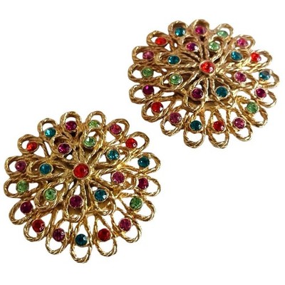 Tara Signed Round Earrings VTG Gold Plated Clip chunky Crystal Statement Regal
