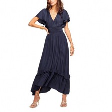 Ramy Brook Joanie Midi Dress Navy Blue V-Neck Flutter Sleeve Smocked Waist Small