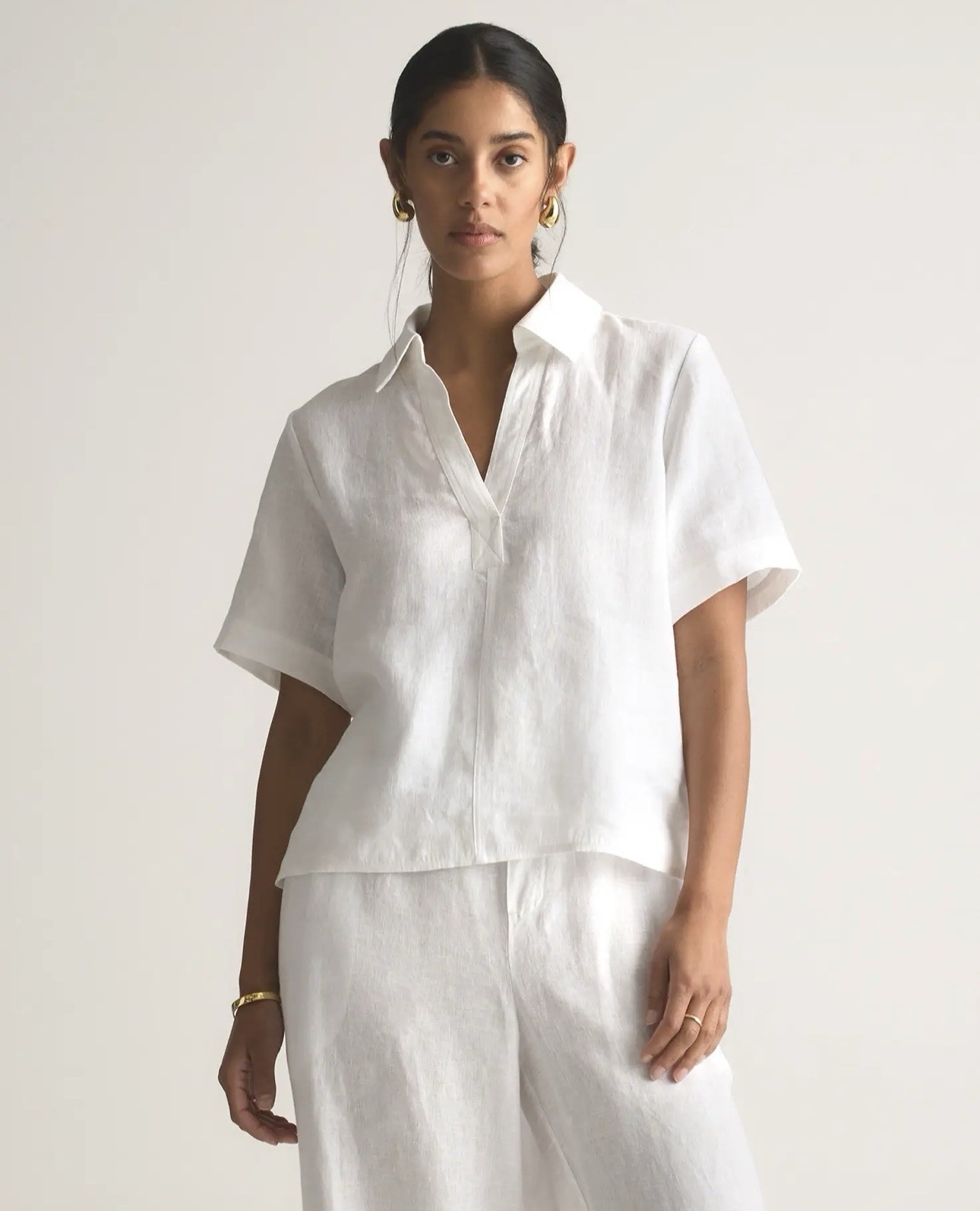 Quince 100% European Linen Short Sleeve Popover Top / White / Medium