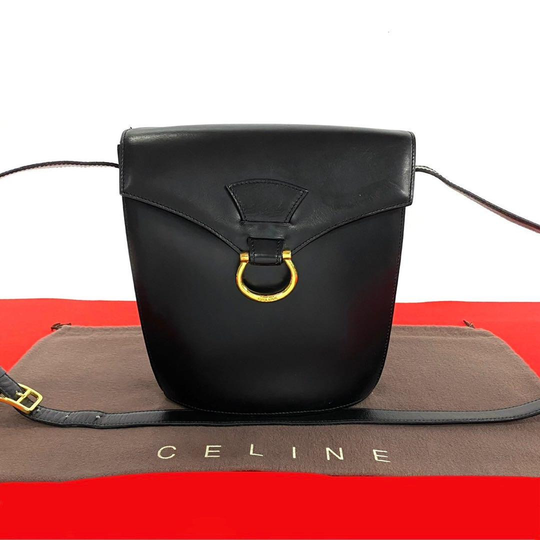 Vintage Celine Black Leather Logo Shoulder Bag Pochette 8.3x5.5 Used Excellent Condition