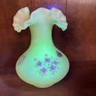 Vintage Uranium Fenton Custard Satin Glass Vase With Hand Painted Flowers Signed