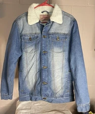 Brooklyn Cloth Blue Denim Trucker Jacket Sherpa Lined Mens Small NICE!!