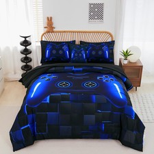 Twin Size Bed in A Bag 6 Pieces Gaming Bedding Set for Boys Blue Gamer Comfor...