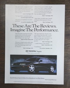1993 Vtg Car Print Ad Black Toyota Supra Magazine Advertisement Poster Promo Art