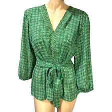 Max Studio Green Print Blouse Tie Front Long Sleeve Smocked Back Size L Large