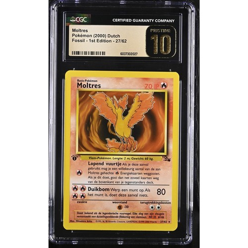 CGC 10 PRISTINE Moltres 1st Edition 27/62 Pokémon 2000 Dutch Fossil (PSA/BGS)