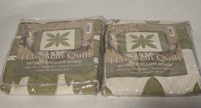 Kauhale Living King Pillow Sham 100% Cotton Green White Floral Nature Quilted