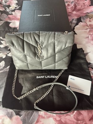 Authentic Saint Laurent Lou Puffer Toy YSL Shoulder Bag in Quilted Leather-Gray