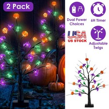 2-Pack Lighted Halloween Trees 1.97FT Spooky Black LED Tabletop Decor Timer
