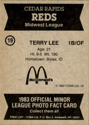1983 Cedar Rapids Reds TCMA #19 Terry Lee Boise Idaho ID - NM