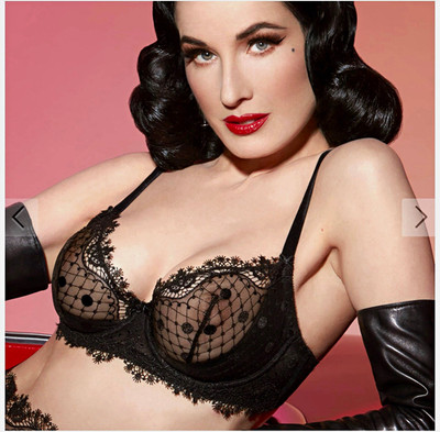 Dita Von Teese Vedette Underwire Bra Black Lace Polka Dot Size 32D / 70D NWT