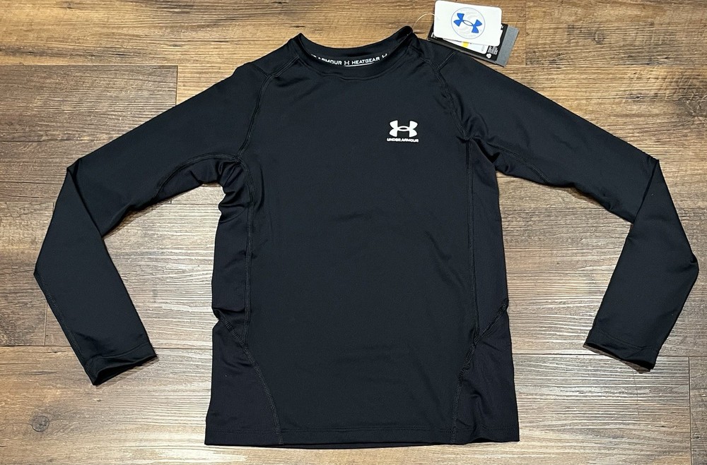 Youth Medium Black UA Heatgear Long Sleeve Shirt for Boys and Girls