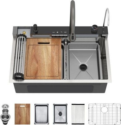 Luxury Waterfall Kitchen Sink 30 Inch Drop in Multifunctional Workstation 16