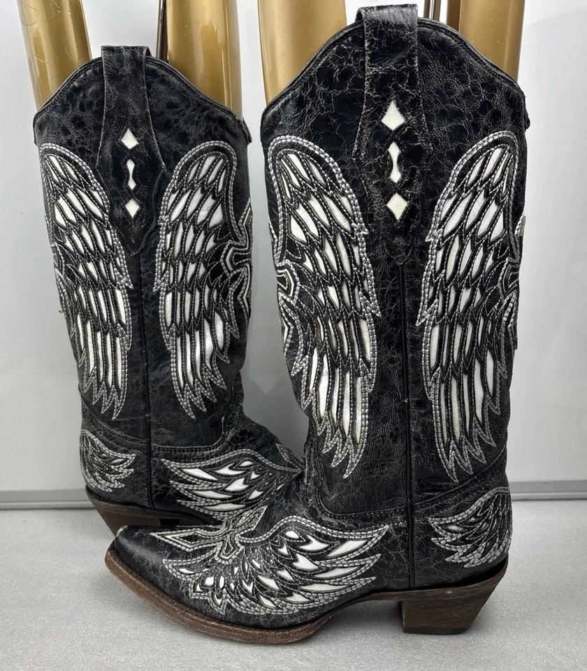 Corral Black/white Distressed Leather Pointed Toe Cowgirl Boots Womens Size 6.5M - Image 3 of 4