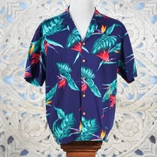 Paradise Found Men’s L Hawaiian Shirt Blue Floral Bird of Paradise Hawaii Made