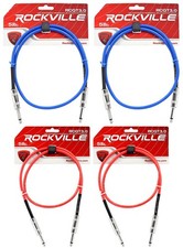 4 Rockville 3' 1/4" TS to 1/4'' TS Guitar/Instrument Cable 2 Red and 2 Blue 