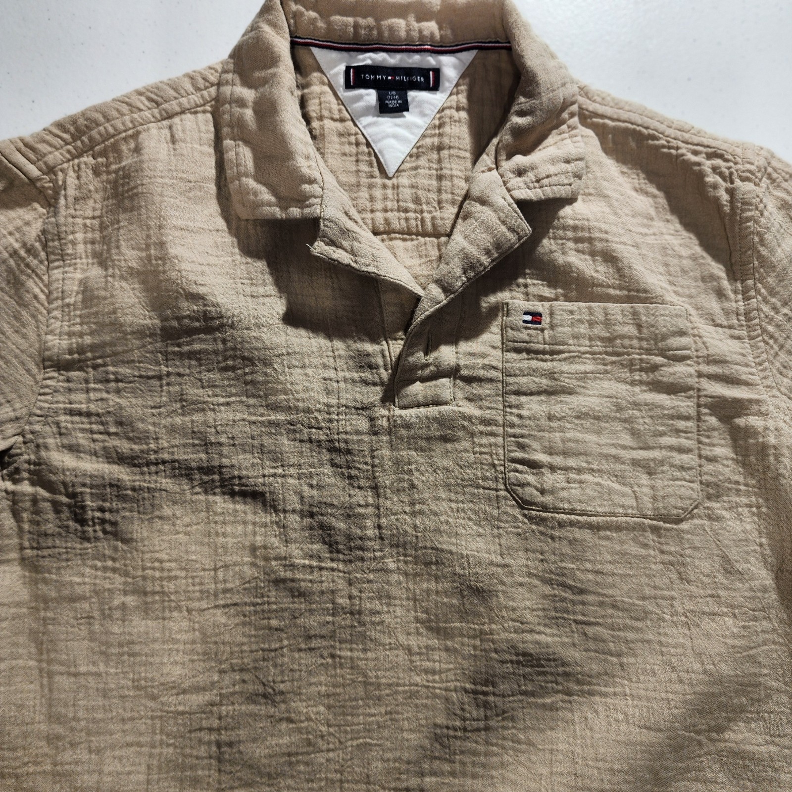 Tommy Hilfiger Boys Beige Casual Shirt L/G (12-14) Short Sleeve 100% Cotton Logo thumbnail 5