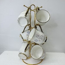 Floral Ceramic Set of 6 with Gold Handles & Display Stand – Elegant Tea Cups