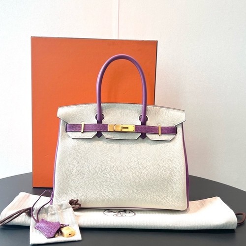 Hermes Birkin 30 Medium White With Purple GHW Calfskin Leather Tote Bag Auth
