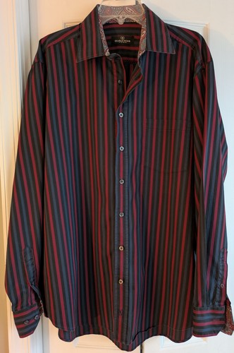 Bugatchi Uomo Men's Navy Red Black Striped Paisley Collar and Cuffs Shirt XXL - Picture 2 of 16