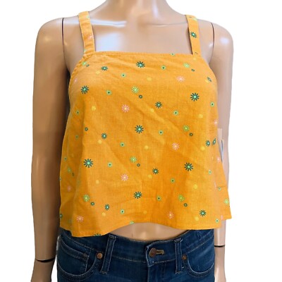 Abound Asterisk Floral Cropped Tank Top Small Linen Blend Orange Square Neck 