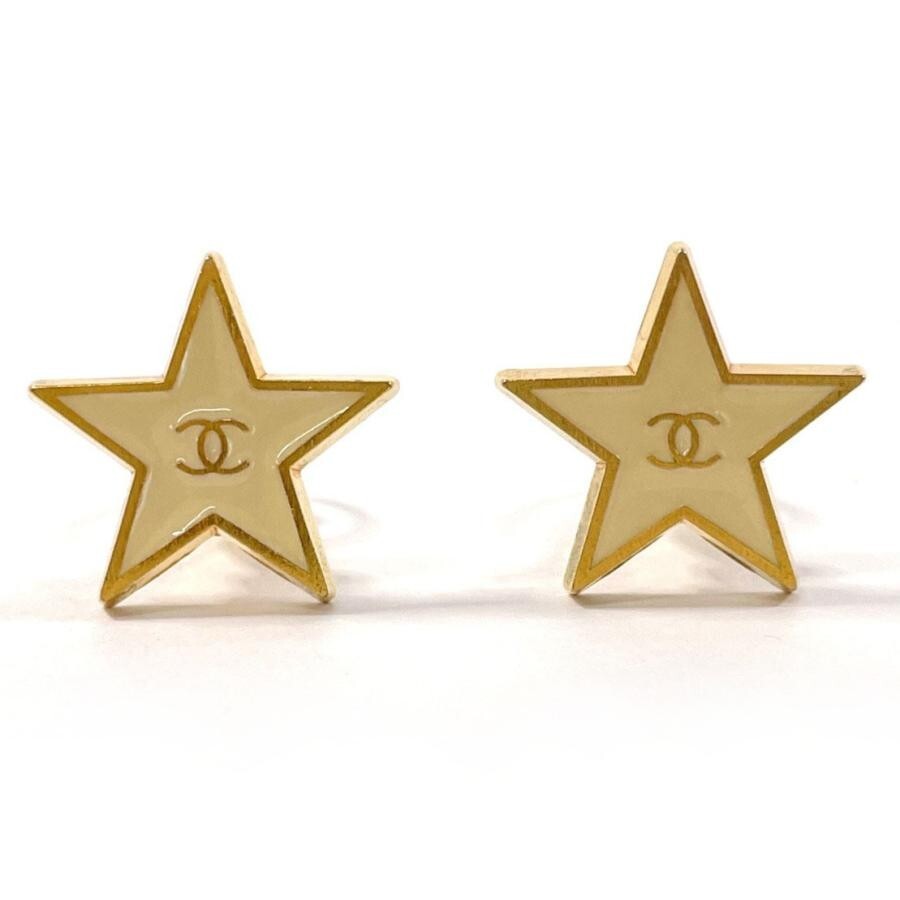 CHANEL Vintage Coco Mark Star Earrings GP Gold Ivory 01 P With Authentic Box  