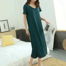 Women Dress Long T-shirt Nightdress V-neck Short Sleeve Loose Casual Summer