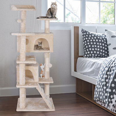 55'' Cat Tree Cat Tower Multi-Level Kitten Condo Play House Furniture Light Beige