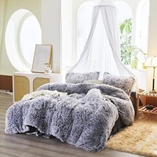 Luxury Plush Shaggy Duvet Cover, Velvet Flannel Zipper Close Full/Queen Gray 1PC