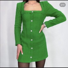 ZARA Texture Dress square cut neckline long sleeves rhinestone buttons 4661/ 325