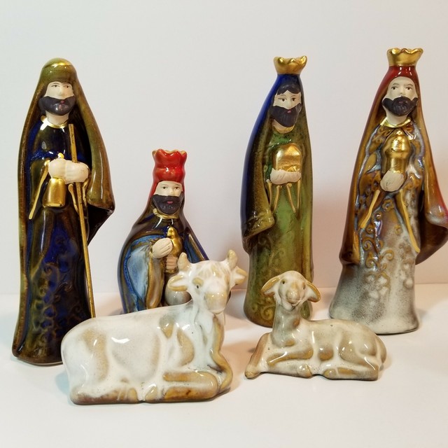 Pottery Nativity Set Vibrant Earthtone Colors Glaze Handpainted Ceramic