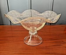 Murano Style Bubble Glass Pedestal Bowl Ruffled Rim Compote Vintage Clear
